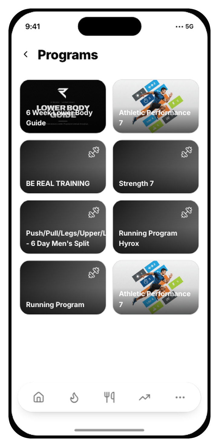 The REAL app, Programs screen: 6 Week Lower Body Guide, Athletic Performance 7, BE REAL TRAINING, Strength 7, Push/Pull/Legs, Running Program Hyrox and Running Program